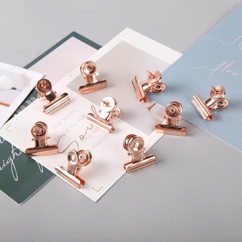 MOGII 9pcs/Box Office School Accessories Rose Gold Metal Bulldog Clip Multifunction Push Pins Stylish Thumb Tacks for Cork Board