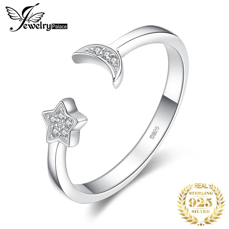 JewelryPalace Moon Star 925 Sterling Silver Ring 5A CZ Open Adjustable Stackable Rings for Women