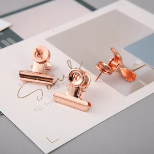 MOGII 9pcs/Box Office School Accessories Rose Gold Metal Bulldog Clip Multifunction Push Pins Stylish Thumb Tacks for Cork Board